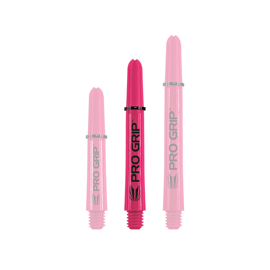 110856_Target_Pro_Grip_Shafts_Pink_41mm_1 Das Bild zeigt drei pinke Pro Grip Shafts für Darts in verschiedenen Längen. Auf jedem Schaft steht deutlich der Schriftzug "PRO GRIP".
