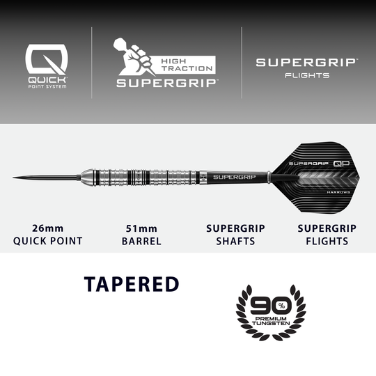 Dardos de acero de punta rápida cónica Supergrip de Harrows Abgebildet sind die Harrows Supergrip QP Tapered Quick Point Steeldarts. Sie eignen sich ideal für ein präzises Dartspiel.