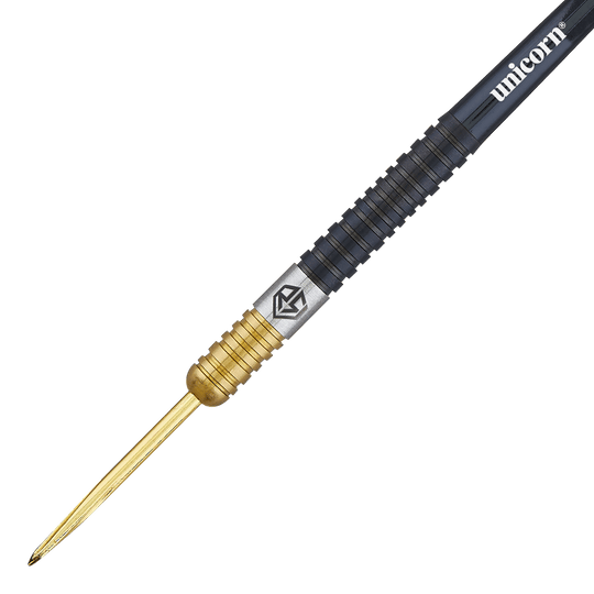 Dardos de acero bicolor Unicorn Ross Smith Das Bild zeigt einen Steeldart aus der Unicorn Ross Smith Two-Tone Serie. Der Dart ist zweifarbig mit einem goldenen vorderen Teil und einem schwarzen hinteren Teil gestaltet.