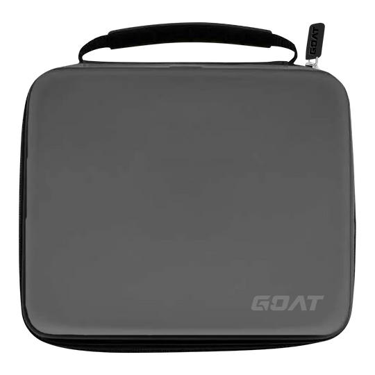 Auf dem Bild ist ein graues Etui mit einem Griff und einem Reißverschluss zu sehen. In der rechten unteren Ecke befindet sich das Logo „GOAT“.