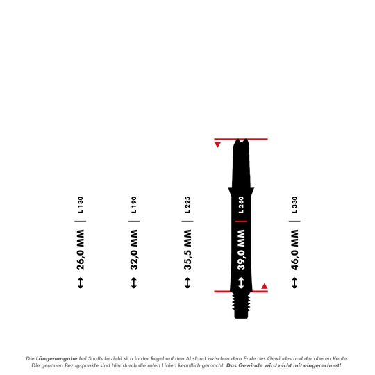 Ejes de carbono estilo L Das Bild zeigt verschiedene Längen von Carbon Shafts ohne Kappen, die in Millimetern angegeben sind. Die Maße reichen von 26,0 mm bis 46,0 mm und beziehen sich auf den Abstand zwischen dem Ende des Gewindes und der oberen Kante.