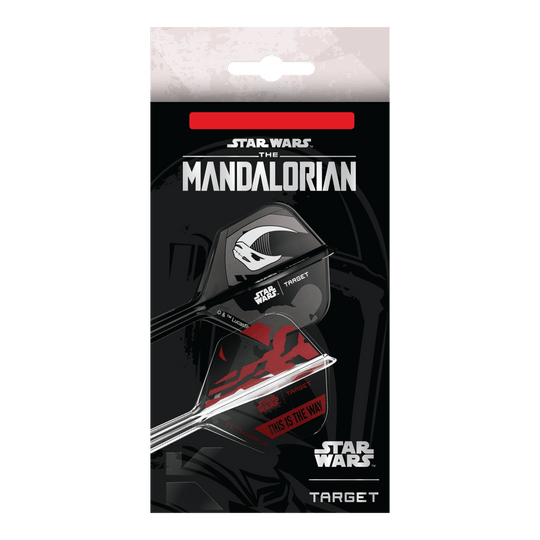 Das Bild zeigt das Target Star Wars K-Flex-Set Mandalorian No6 Flights. Das Produkt ist ein Dart-Set mit Mandalorian-Design aus der Star Wars Reihe.
