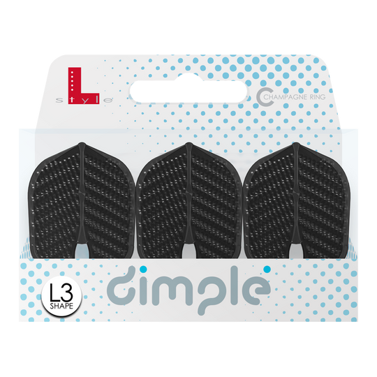Plumas estilo L Dimple Champagne Forma L3PRO Das Bild zeigt eine Packung mit drei schwarzen L-Style Flights Dimple im L3PRO Shape. Die Verpackung ist weiß mit blauen Punkten und der Aufschrift „dimple“.