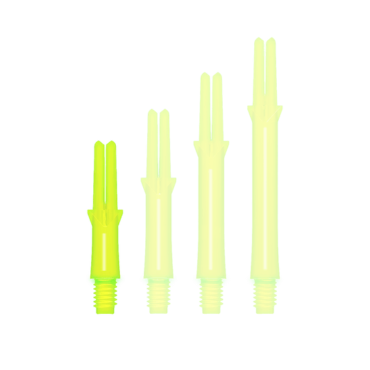 Ejes en L estilo L bloqueados rectos - Amarillo neón Auf dem Bild sind vier neon-gelbe Dart-Schäfte in verschiedenen Längen zu sehen. Sie haben ein gerades Design und ein Schraubgewinde am unteren Ende.