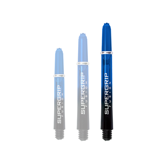 HR338_Harrows_Supergrip_Fusion_Shafts_Blau_47mm_1IBl6PTvnWC7Yv Das Bild zeigt drei blaue Harrows Supergrip Fusion Shafts in unterschiedlichen Längen. Die Schäfte sind für Dartpfeile geeignet und tragen den Schriftzug "SUPERGRIP FUSION".