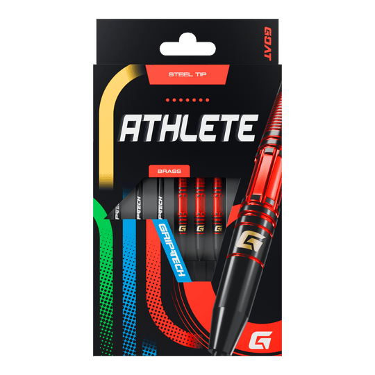 Dardos de acero GOAT Athlete de latón rojo - 11 g Das Bild zeigt die Verpackung der GOAT Athlete Red Brass Steeldarts mit einem Gewicht von 11g. Die Darts haben eine rote und schwarze Farbgebung und verfügen über eine Stahlspitze.