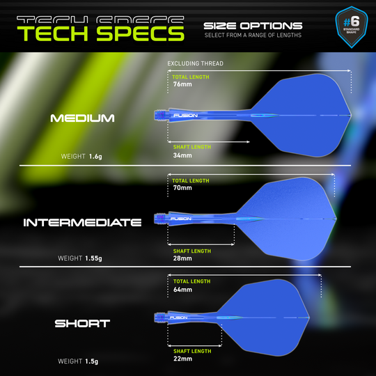 Dieses Bild zeigt das Winmau Fusion Flight-Shaft-System No6 in Blau. Es handelt sich um ein hochwertiges Dartzubehör.