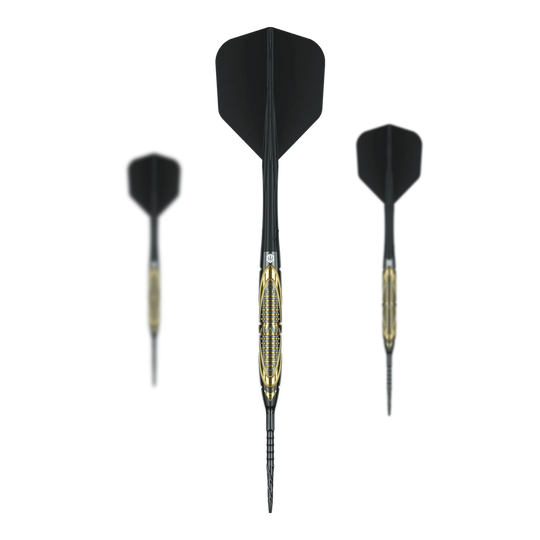 Dardos de acero Caliburn Halo H2 - 22,5 g Auf dem Foto sind die Caliburn Halo H2 Steeldarts - 22,5g als komplettes Set zu sehen. Die Steeldarts liegen nebeneinander angeordnet.
