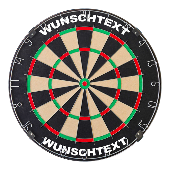 Das Bild zeigt ein Dartboard mit traditionellem Design. Die Datei heißt 'MCDB_Dartboard_mit_Wunschtext_TraditionellerRingSilber_1_ArialBlack'.