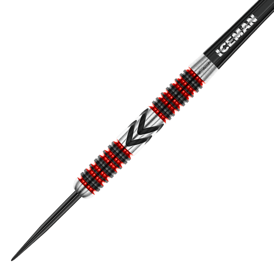 RD2567_Red_Dragon_Gerwyn_Price_Firebird_Steeldarts_2 Dies ist ein Steeldart mit silberner, schwarzer und roter Verzierung. Auf dem Schaft steht das Wort "ICEMAN".