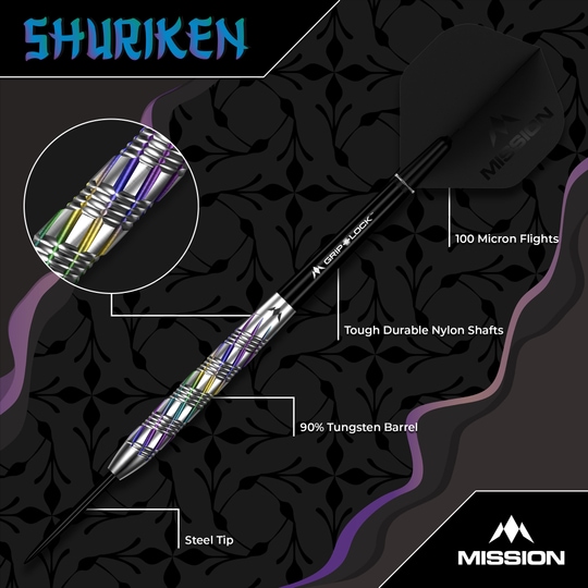 Dardos de acero Shuriken de Mission Mission Shuriken Steeldarts sind für ambitionierte Dartspieler geeignet. Das Foto zeigt die Mission Shuriken Steeldarts aus einer anderen Perspektive.