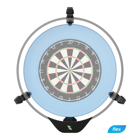 Scolia Home 2 FLEX - Sistema electrónico de autopuntuación 2026 Das Bild zeigt das Produkt "Scolia Home 2 FLEX - Electronic Score System". Es handelt sich um ein elektronisches Punktesystem für eine Dartscheibe, das von einem runden Rahmen mit blauer Beleuchtung umgeben ist.