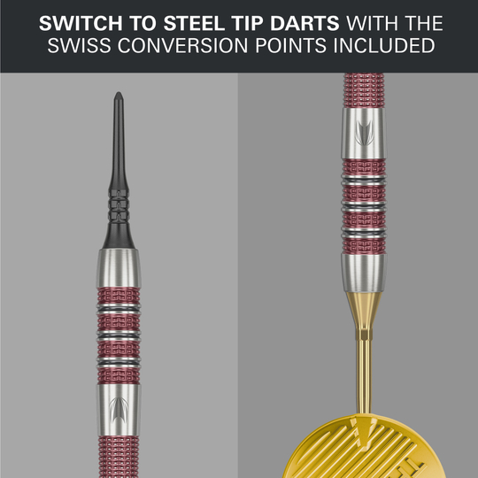 Das Bild zeigt die Target Stephen Bunting 95K Softdarts mit einem Gewicht von 19 Gramm. Oben steht, dass man mit den enthaltenen Swiss Conversion Points einfach auf Steel-Tip-Darts wechseln kann.