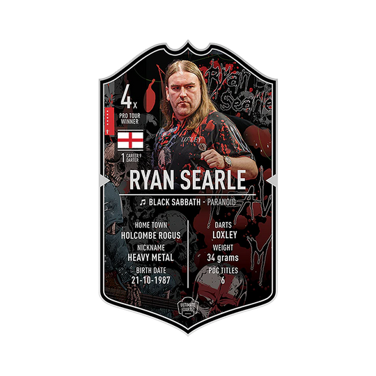 Tarjeta de dardos definitiva - Ryan Searle Das Bild zeigt die „Ultimate Darts Card“ von Ryan Searle. Auf der Karte sind Informationen zu seinem Spitznamen, Geburtsdatum, Herkunft und Erfolgen im Dartsport zu sehen.