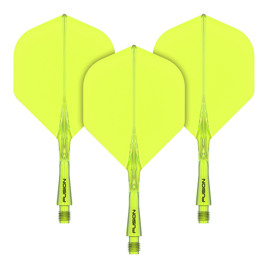 Sistema de eje de vuelo Winmau Fusion estándar amarillo Das Bild zeigt drei gelbe Dartflights mit Schaftsystem. Auf den Schäften steht das Wort "FUSION" geschrieben.