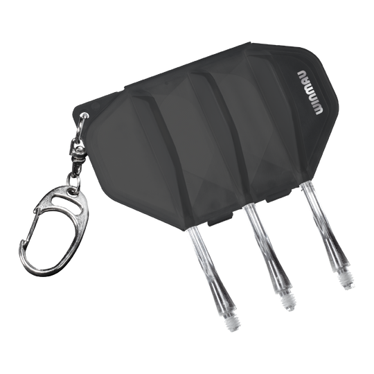 Estuche de vuelo Winmau Fusion - Negro transparente Das Bild zeigt das Winmau Fusion Flightcase in der Farbe Clear Black. Es besitzt einen Schlüsselanhänger und Platz für Darts-Flights und -Shafts.