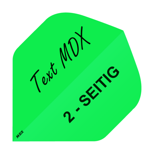 MD-403_2-Seitig_Bedruckte_Flights_Wunschtext_MDX_Gr-n_Standard_1 10 Satz Bedruckte Flights 2-Seitig - Wunschtext - MDX Standard. Die Flights sind sortiert und nebeneinander angeordnet.