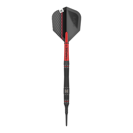 Dardos blandos Target Scope 11 Das Bild zeigt einen Softdart namens "Target Scope 11 Softdarts". Der Dart ist schwarz und rot mit einem modernen Design und einer strukturierten Oberfläche.