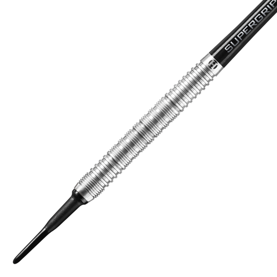 Dardos blandos paralelos Harrows Control Das Bild zeigt einen Harrows Control Parallel Softdart mit einem silbernen, gerillten Barrel. Der Dart hat eine schwarze Kunststoffspitze und einen Schaft mit der Aufschrift "Supergrip".