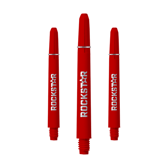 528_Rockstar_Shafts_1 Auf dem Bild sind drei rote Rockstar Shafts mit 49 mm Länge zu sehen. Die Shafts haben einen weißen "ROCKSTAR"-Schriftzug und sind unten mit einem Gewinde versehen.