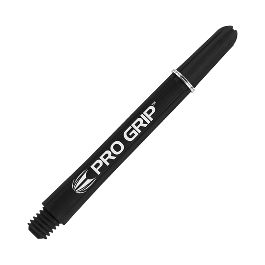 110160_Target_Pro_Grip_Shafts_Schwarz_48mm_2 Das Bild zeigt einen schwarzen Pro Grip Schaft von Target. Auf dem Schaft steht deutlich sichtbar der Schriftzug "PRO GRIP".