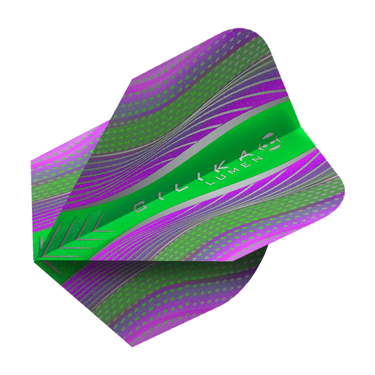HF5125_Harrows_Silikia_Lumen_Purple_Green_No6_Flights_2 Harrows Silika Lumen Purple Green No6 Flights. Das Bild zeigt Dartflights mit violettem und farbigem Design.