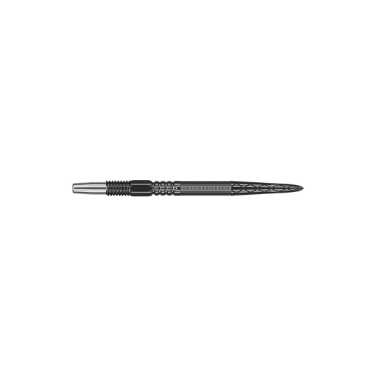 340052_Target_Swiss_Point_DX_Black_Dartspitzen_26mm_2 Das Bild zeigt eine schwarze Dartspitze mit feinen Rillen und Mustern. Sie ist schmal und hat ein modernes, metallisches Design.