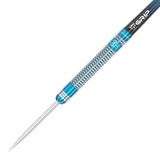 Der Bulls Jermaine Wattimena Generation 3 Steeldart hat ein silbernes Barrel mit blauen Akzenten. Der Dart besitzt feine Rillen für optimalen Grip und Präzision beim Wurf.