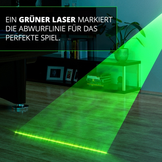 Láser de objetivo MOD Oche Das Bild zeigt den Target MOD Laser Oche, der eine grüne Laserlinie auf den Boden projiziert. Der Laser markiert die Abwurflinie für das perfekte Dartspiel.