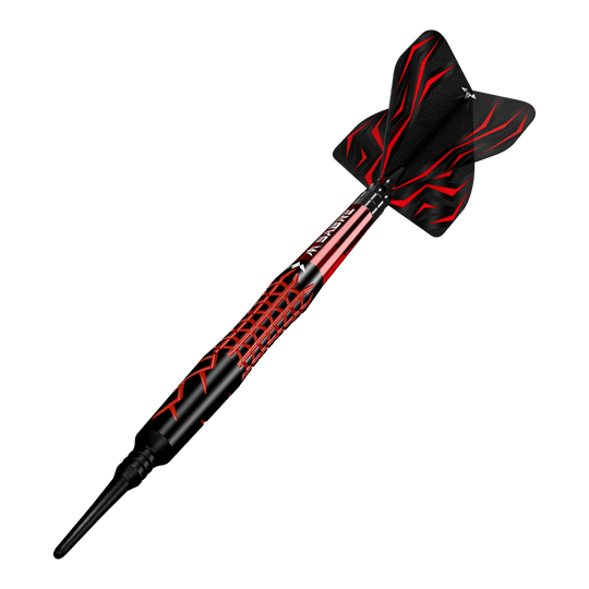 Dardos blandos Mission Lava - 20 g Das Bild zeigt einen Mission Lava Softdart mit einem Gewicht von 20 Gramm. Der Dart ist in Schwarz und Rot gestaltet und hat ein modernes, auffälliges Design.