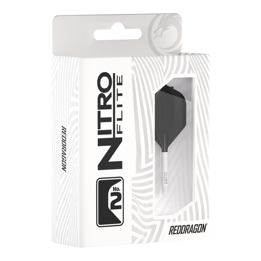 Red Dragon Nitroflite - Eje blanco, plumas negras nº 2 Die Abbildung zeigt die Produktverpackung des "Red Dragon Nitroflite" mit weißen Schäften und schwarzen No2 Flights. Die Packung ist überwiegend weiß gestaltet und hat ein Sichtfenster, durch das das Dart-Zubehör zu sehen ist.