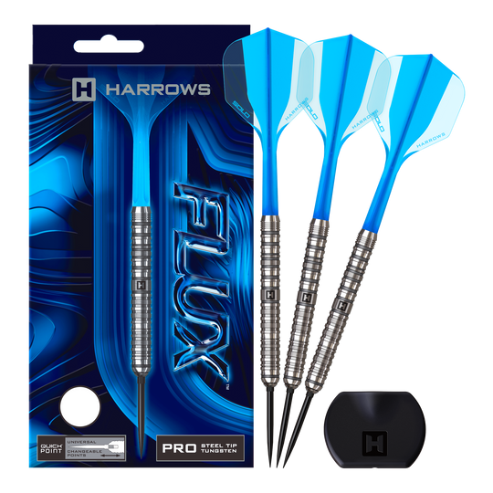 Harrows Flux Quick Point Steeldarts Das Bild zeigt einen Steeldartpfeil mit parallelem Schaft und einer präzisen Spitze. Der Dartpfeil liegt auf weißem Hintergrund.