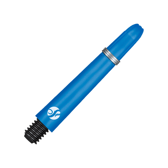 Flechas de carbono Shot Koi - Azul Das Bild zeigt einen blauen Carbon-Schaft mit einem silbernen Ring und schwarzem Gewinde. Es handelt sich um ein Zubehörteil für Darts.