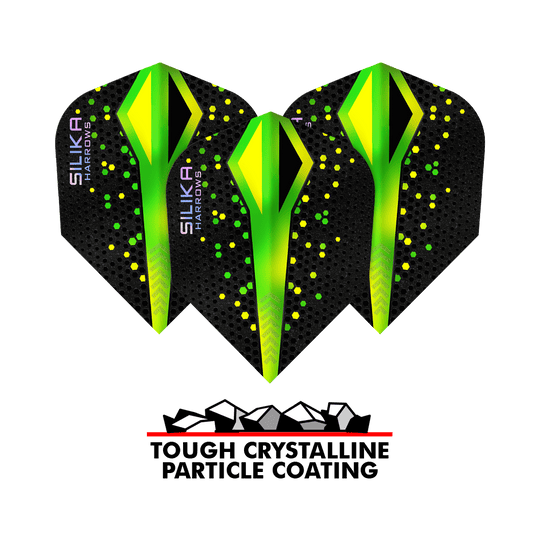 Plumas Harrows Silika Colourshift Tough Crystalline Coating Green No6 Auf dem Bild ist ein Set der Harrows Silika Colourshift Tough Crystalline Coating No6 Flights. Die Flights haben ein auffälliges Design.