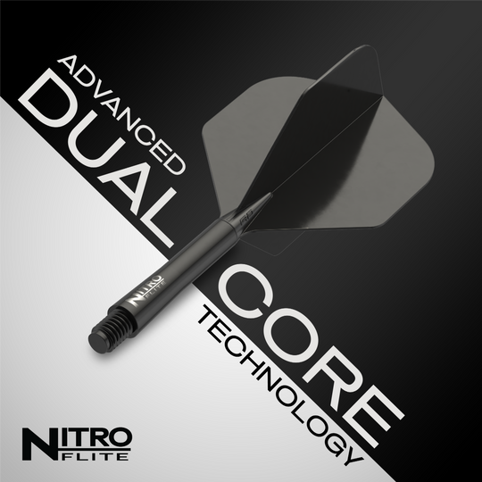 Red Dragon Nitroflite - Eje negro, plumas negras nº 2 Das Bild zeigt das Produkt "Red Dragon Nitroflite - Black Shaft Black No2 Flights". Es hebt die fortschrittliche Dual-Core-Technologie hervor.