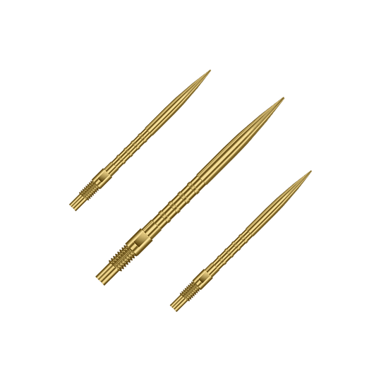 Puntas de dardos Harrows Quick Point Heavy Metal - Doradas Das Bild zeigt ein Set aus goldenen Dartspitzen mit 30mm Länge. Es sind Harrows Quick Point Heavy Metal Grip Dartspitzen Gold 30mm im Set.