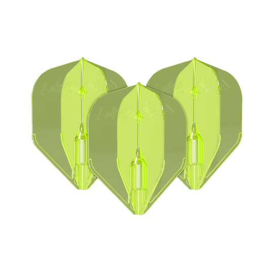 Plumas L-Style Fantom L3EZ Amarillo Neón Das Bild zeigt drei neongelbe L-Style Fantom L3EZ Flights für Dartpfeile. Sie sind aus Kunststoff und haben eine glänzende, transparente Oberfläche.