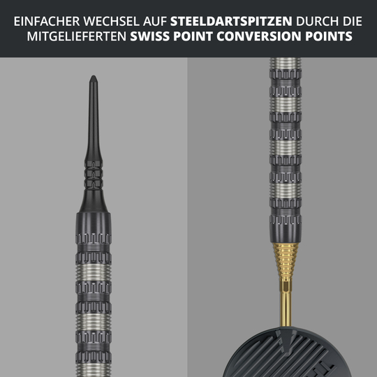 Dardos Target Rob Cross 95K Swiss Point Soft - 18 g Das Bild zeigt den Target Rob Cross 95K Swiss Point Softdart mit 18g Gewicht. Es wird darauf hingewiesen, dass ein einfacher Wechsel auf Steeldartspitzen durch die mitgelieferten Swiss Point Conversion Points möglich ist.