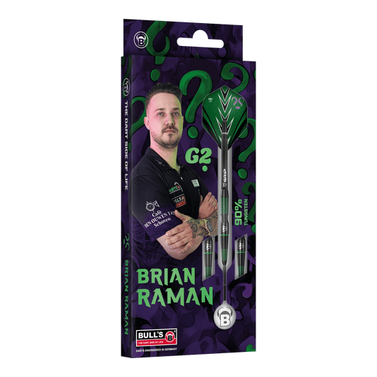 Das Bild stellt die Bulls Brian Raman G2 Steeldarts dar. Dieses hochwertige Dartprodukt ist beliebt bei Spielern.