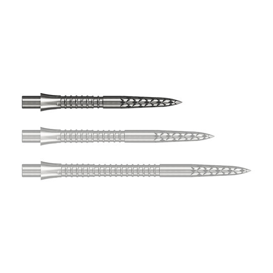 Das Bild zeigt eine Steeldartspitze aus Silber mit 26 mm Länge. Dieses Produkt wird durch die Datei M002127_Missoin_Caliburn_EVO_GV-Logo_Steeldartspitzen_Silber_26mm_1 dargestellt.