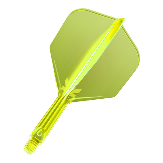 Sistema de vuelo Target K-Flex No6 - Amarillo neón Das Bild zeigt einen neon-gelben Dartflug mit integriertem Schaft. Das Material wirkt durchsichtig und hat eine glänzende Oberfläche.