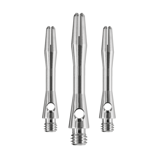 Das Bild zeigt drei silberfarbene Dartschäfte aus Metall. Es handelt sich um das Produkt "Harrows Keramic Shafts - Gun Metal".