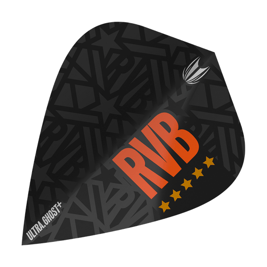 Vuelos de cometa Target UltraGhost Raymond Van Barneveld GEN2 Dies ist ein Target UltraGhost Raymond Van Barneveld GEN2 Kite Flight. Das Flight ist schwarz mit großen orangen Buchstaben "RVB" und fünf gelben Sternen gestaltet.