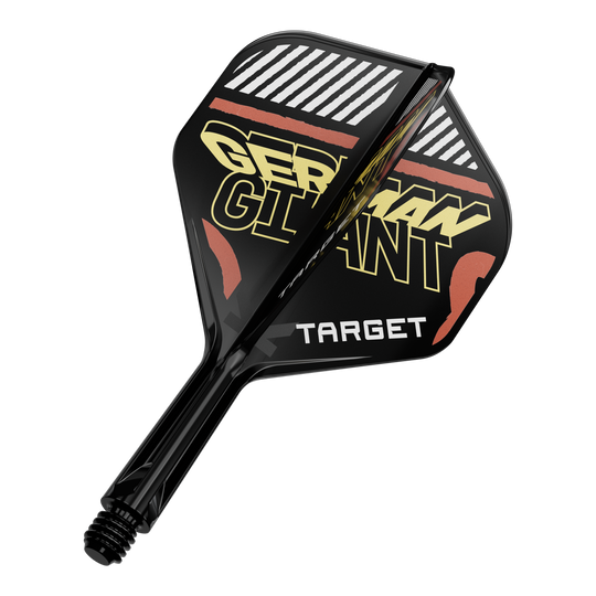 Sistema de eje de vuelo estándar Target K-Flex Gabriel Clemens No2 Das Bild zeigt eine schwarze Dartflügel- und Schaftkombination mit der Aufschrift "GERMAN GIANT" und "TARGET". Die Farben sind hauptsächlich Schwarz, Gelb und Rot.