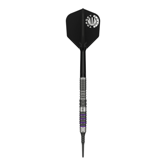 Dardos blandos Target Japan Prime Series Yuta Hayashi Sirius GEN3 MAX - 21,5 g Das Bild zeigt einen Softdart aus der Target Japan Prime Series, Modell Yuta Hayashi Sirius GEN3 MAX mit einem Gewicht von 21,5g. Der Dart hat ein silbernes Griffstück mit schwarzen und lila Akzenten sowie eine schwarze Flight mit weißem Aufdruck.