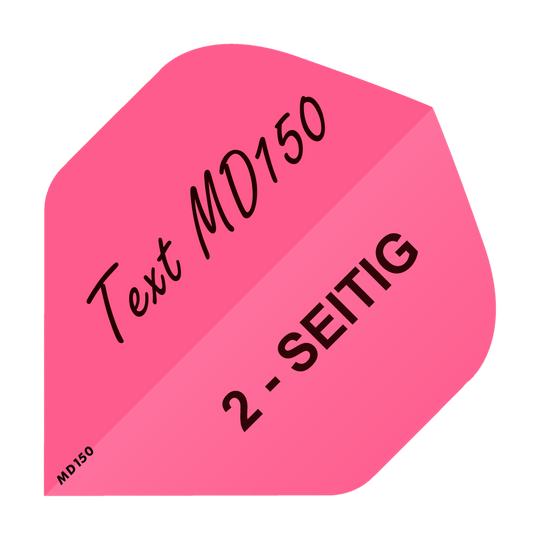 MD-202_2-Seitig_Bedruckte_Flights_Wunschtext_MD150_Pink_Standard_1 Das Bild zeigt einen pinken Dart Flight mit der Aufschrift "Text MD150" und "2-SEITIG". Es handelt sich um einen bedruckten Standard-Flight, der auf beiden Seiten personalisiert werden kann.