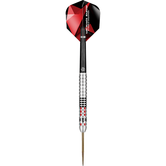 Shoto Michael Smith Lograr Dardos De Acero Auf dem Bild ist ein Steeldartpfeil mit einem silbernen, schwarzen und roten Design zu sehen. Am Dartflight steht der Name "Michael Smith" und "World Champion".