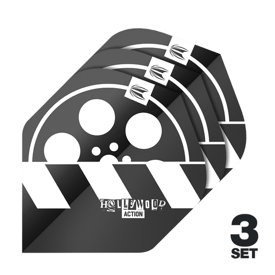 Target Pro Ultra Chris Dobey Hollywood Action No2 Vuelos Estándar - 3 Juegos Das Bild zeigt drei Sätze Target Pro Ultra Chris Dobey Hollywood Action No2 Standard Flights für Dartpfeile. Das Design ist schwarz-weiß mit einem Filmrollen- und Klappenmotiv sowie der Aufschrift "Hollywood Action".
