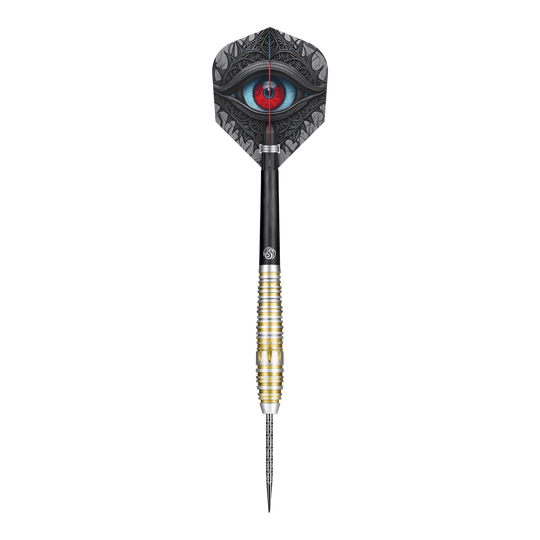 Dardos de acero Shot Celt Balor Dieses Bild zeigt einen Steeldartpfeil des Produkts "Shot Celt Balor Steeldarts". Auf dem Flight ist ein auffälliges Auge in blauen und roten Farbtönen abgebildet.