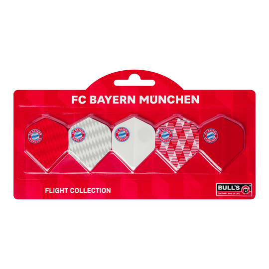 Colección de vuelo Bulls FC Bayern Munich - 5 sets Abgebildet ist die Bulls FC Bayern München Flight Collection - 5 Satz. Die Flights sind speziell für Darts im FC Bayern München-Design.